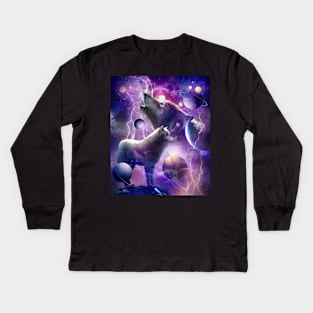 Cosmic Wolf Howling At Moon In Space Kids Long Sleeve T-Shirt